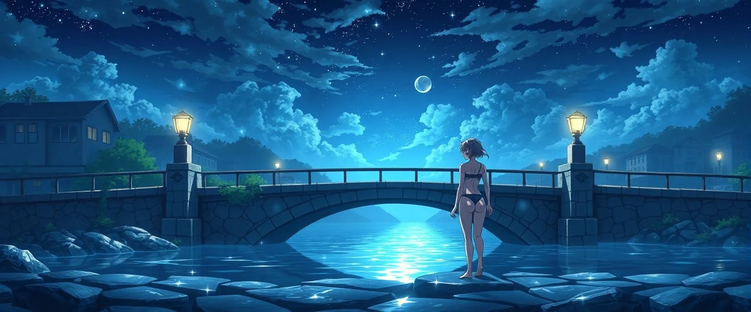 sleep matters in swimsuit on stone bridge in a anime world