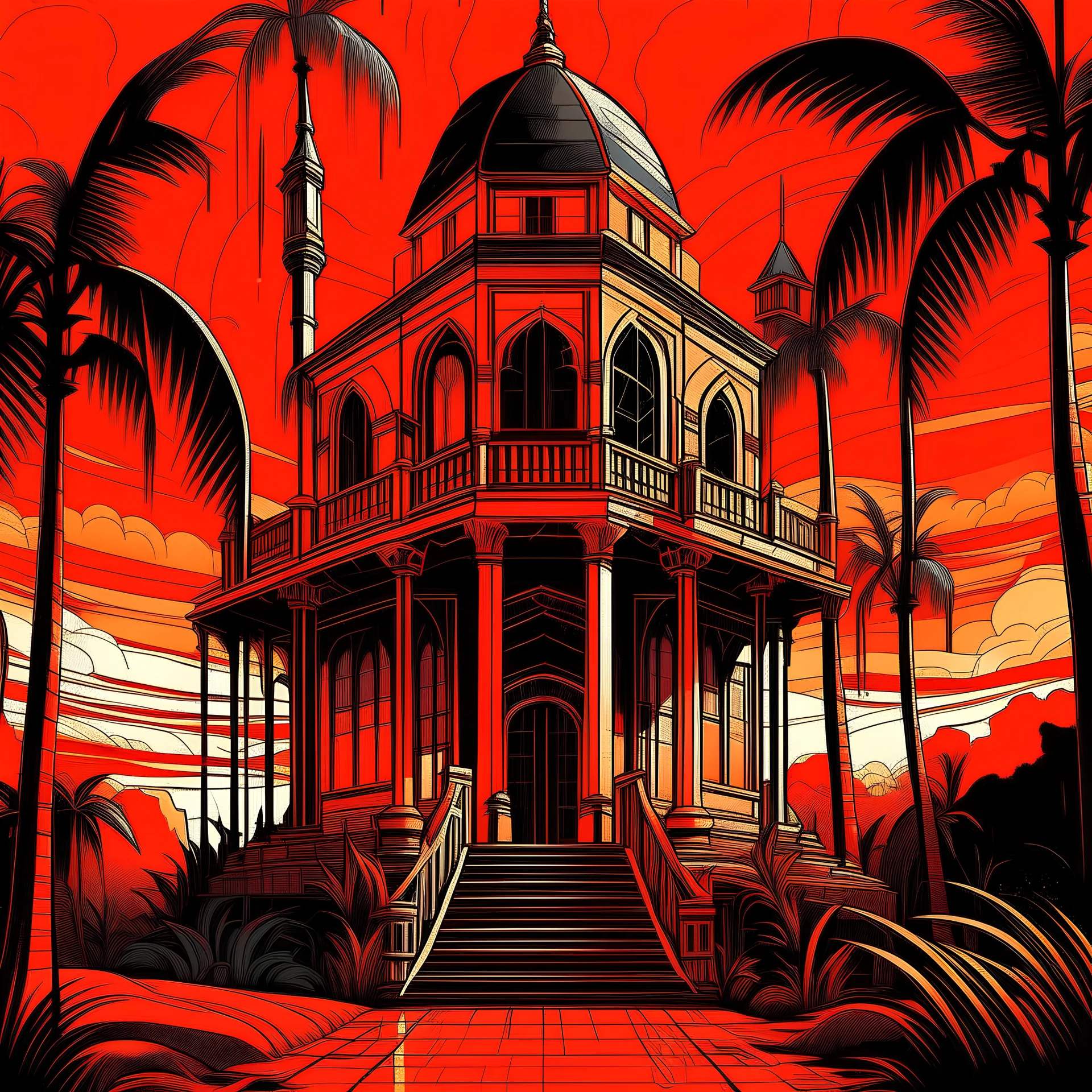A stunning piece of line art, featuring vibrant orange, red , and black hues, depicts a towering figure standing tall in a detailed 3D summer house. The house is surrounded by a monochromatic tetradic color palette, adding depth and richness to the composition. Set on a mysterious and dense gothic island adorned with palm trees, the artwork exudes an eerie and surreal atmosphere. With a fusion of abstract art, street style, and baroque elements, this visually striking piece captivates the view