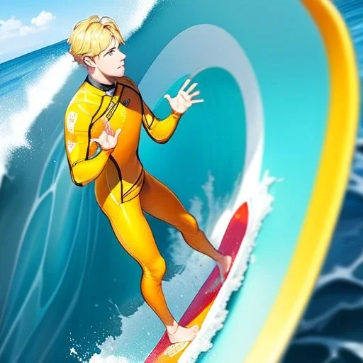 blonde hair anime boy surfing under a wave, make hands look realistic, standing up on a surfboard,wearing an orange wetsuit, make feet look realistic