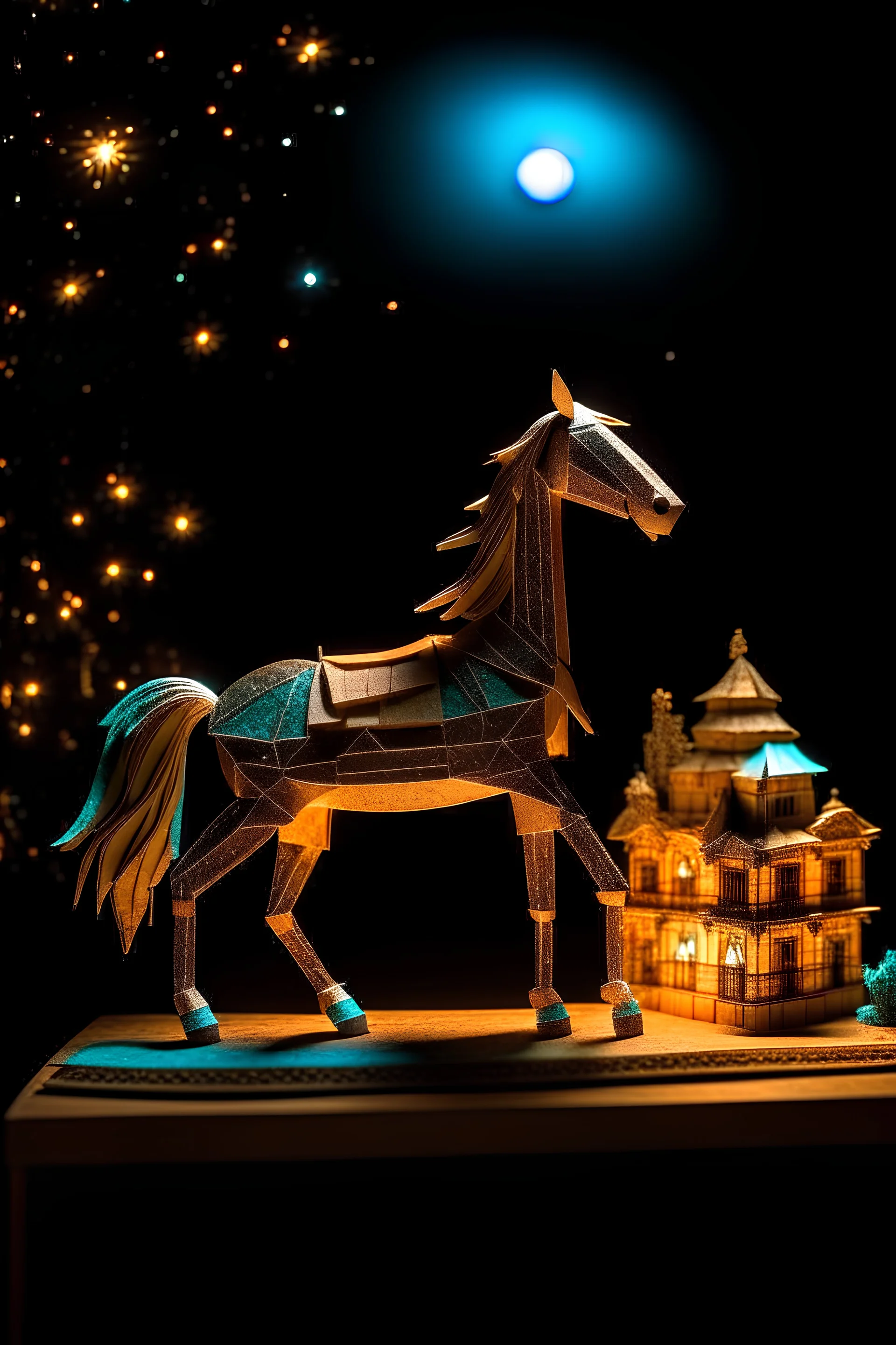 whimsical paper diorama collage, surreal, surrealism, a wooden horse in Paestum temple at night with beautiful stars, qajar art, twinkling lights, mediterranean architecture, beautiful night scene, dreamscape fantasy