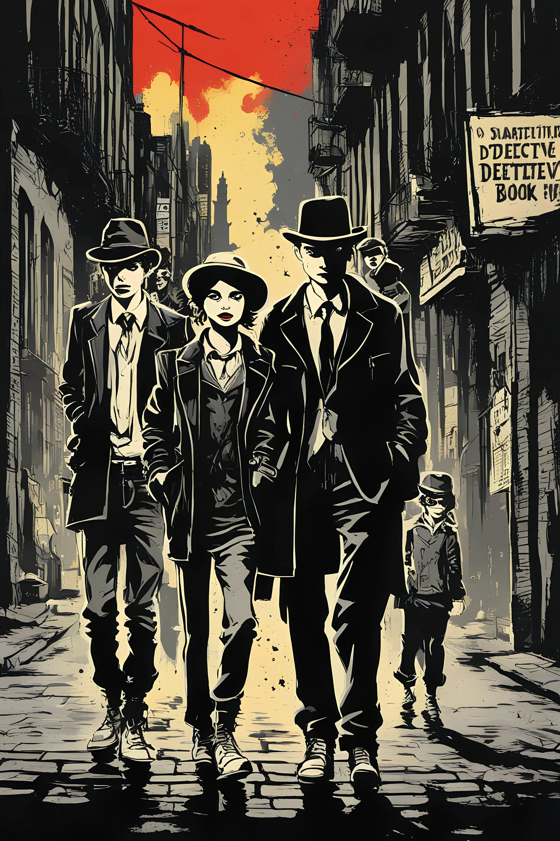 Design a detective book cover for teenagers. A teenage girl in the centre, one boy on her left, and one on her right are on the town street. Black Cat as a company. Banksy style, pop art style, dark mood, mysterious atmosphere