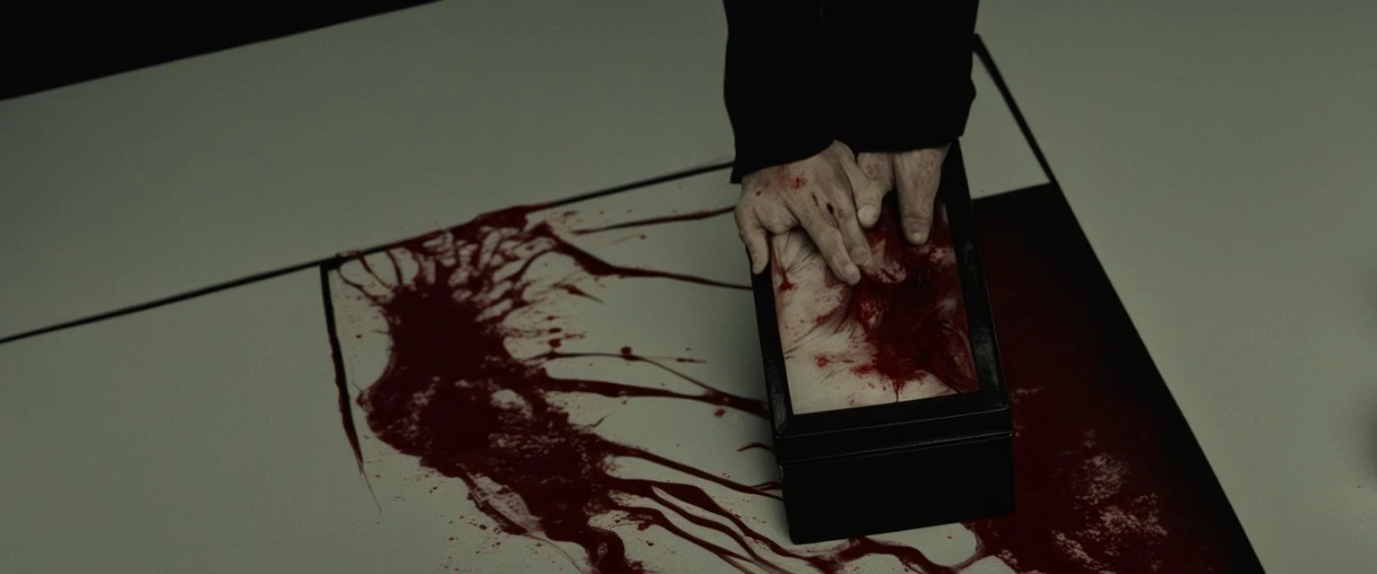 a faceless woman covered in blood holding up a black rectangular box