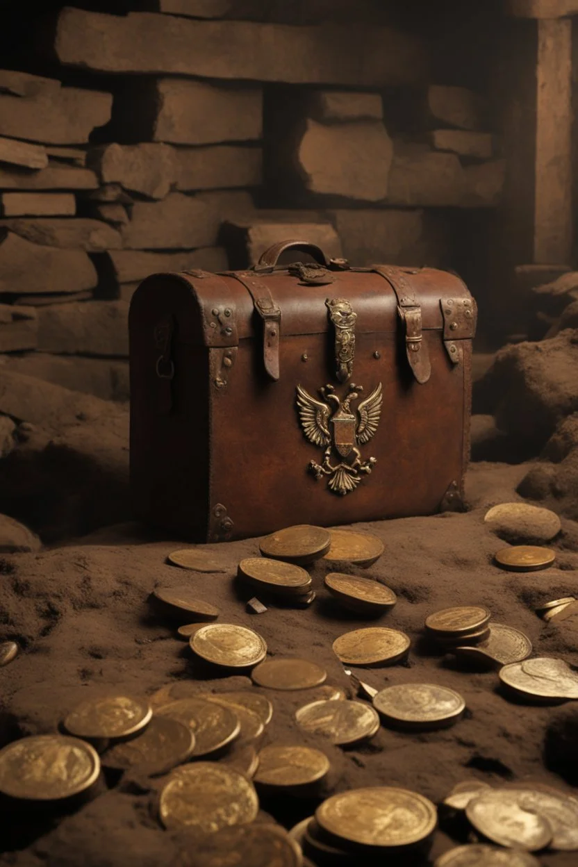 in the BASEMENT there is an old, broken brown oblong leather chest with short handles, from which gold coins from the time of Catherine the Great fall out. The ancient coat of arms of tsarist Russia, the double-headed eagle, is BARELY VISIBLE on the bag. There are a lot of broken bricks and earth around the bag. All in high quality 8K