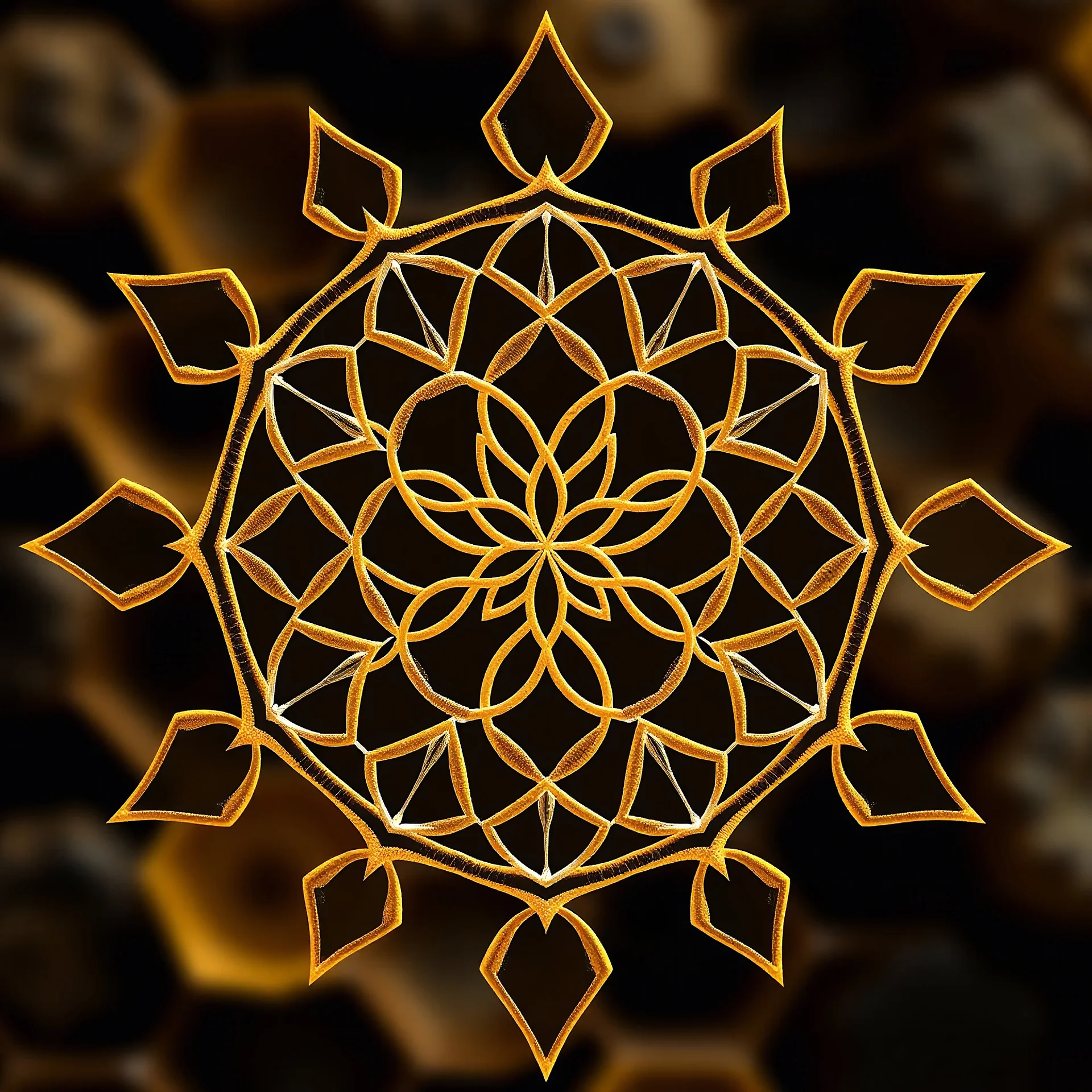 "Using the exact words 'CBDesigns OmniMatrix,' create a logo. The design should highlight beehive hexagons transitioning into the sacred geometry of the flower-of-life. The images should be photorealistic, with a clear depth of field and digital photography quality, ensuring a clear view of the entire logo, suitable for commercial use. The style should have a handmade feel, with chiaroscuro".