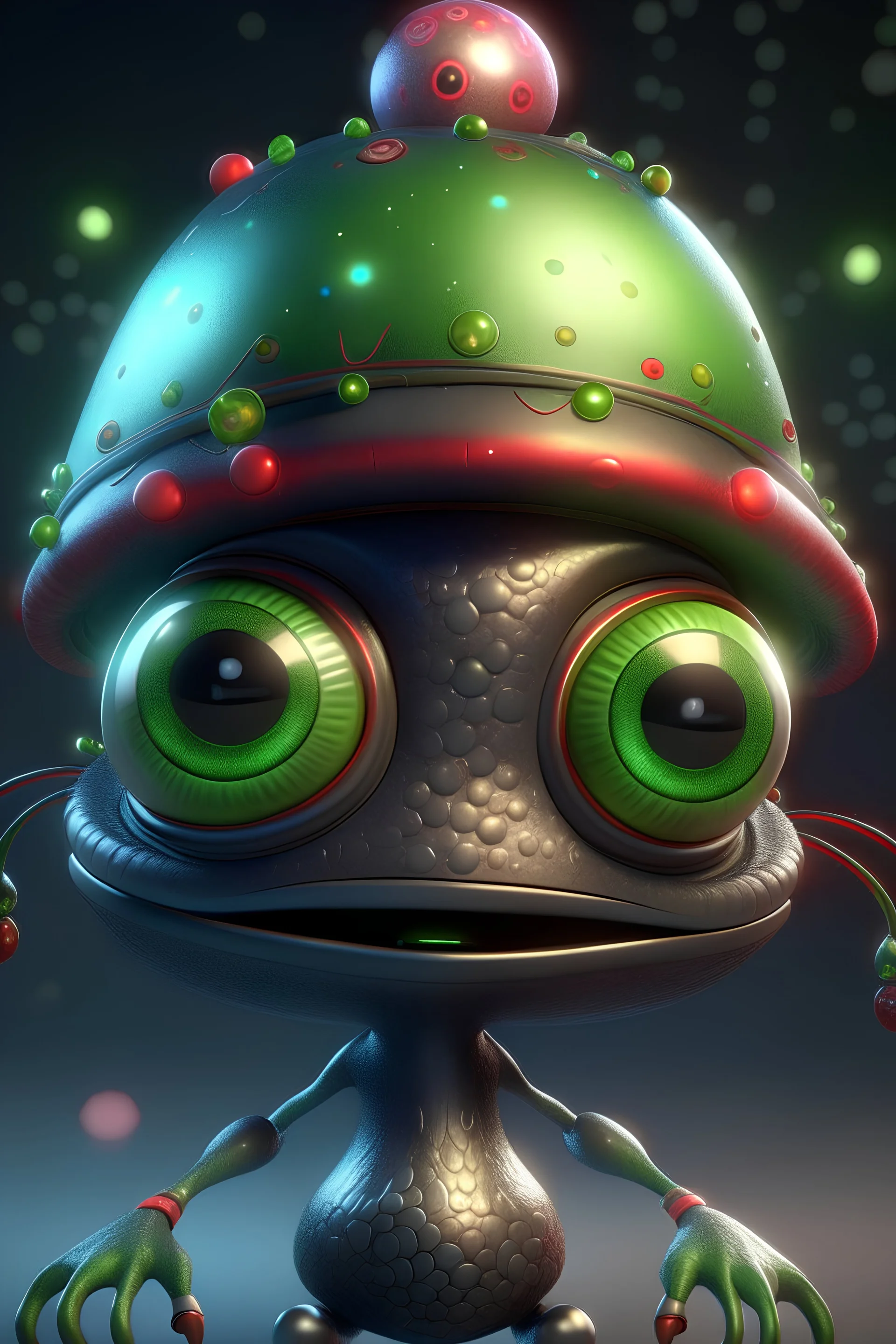 alien body is compact and round, resembling a metallic snowball with a vibrant, shiny surface. large, expressive eyes that glow, festive light, smile is adorned with glowing Christmas lights.head is topped with a festive hat, with a spinning propeller and a sprig of holly. They have metallic antlers that are decorated with colorful ornaments and twinkling fairy lights. Their arms and legs are made of bendable candy cane-shaped metal,