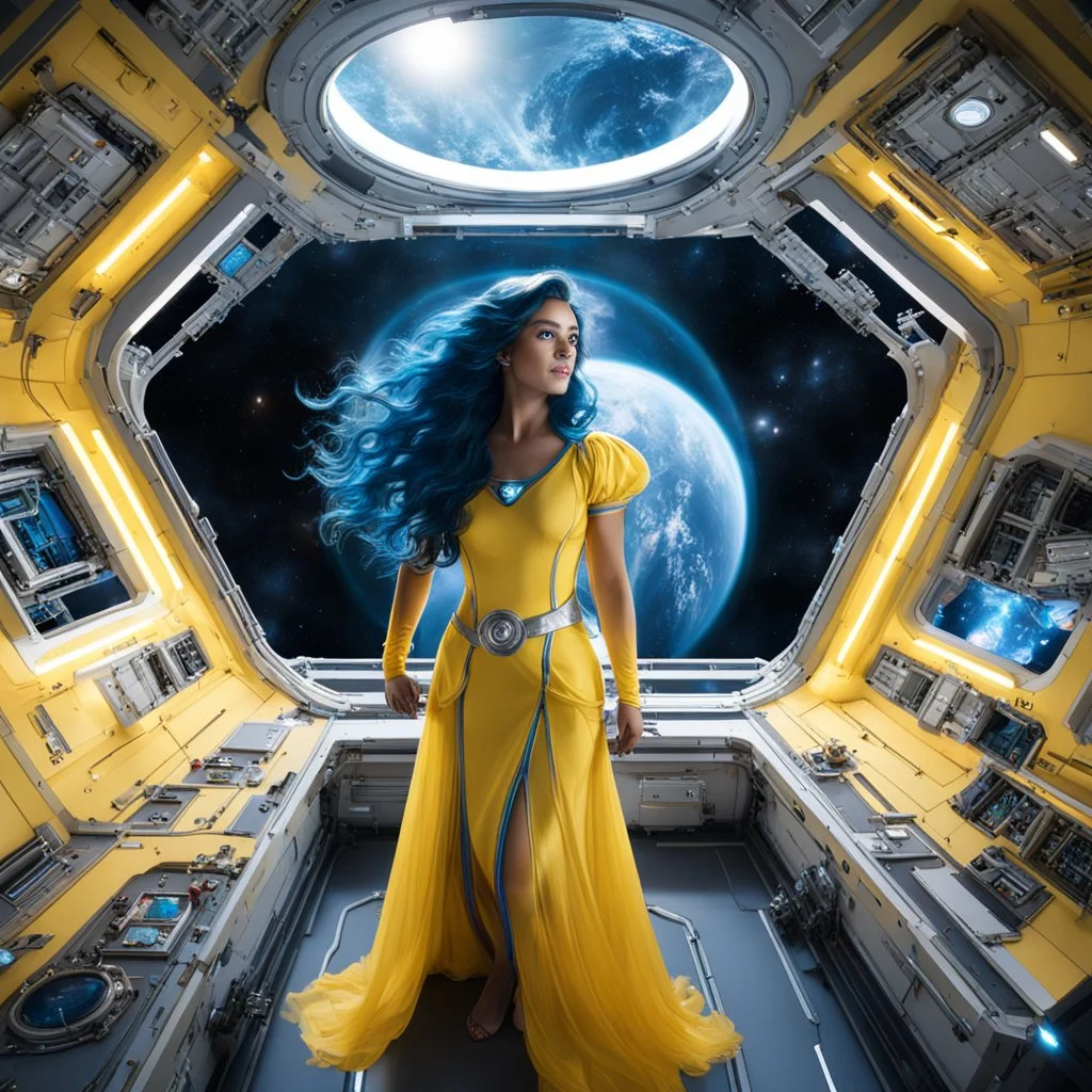 wide-angle photo of a woman in a yellow dress, with long glowing blue wavy hair, on a space station with views into space