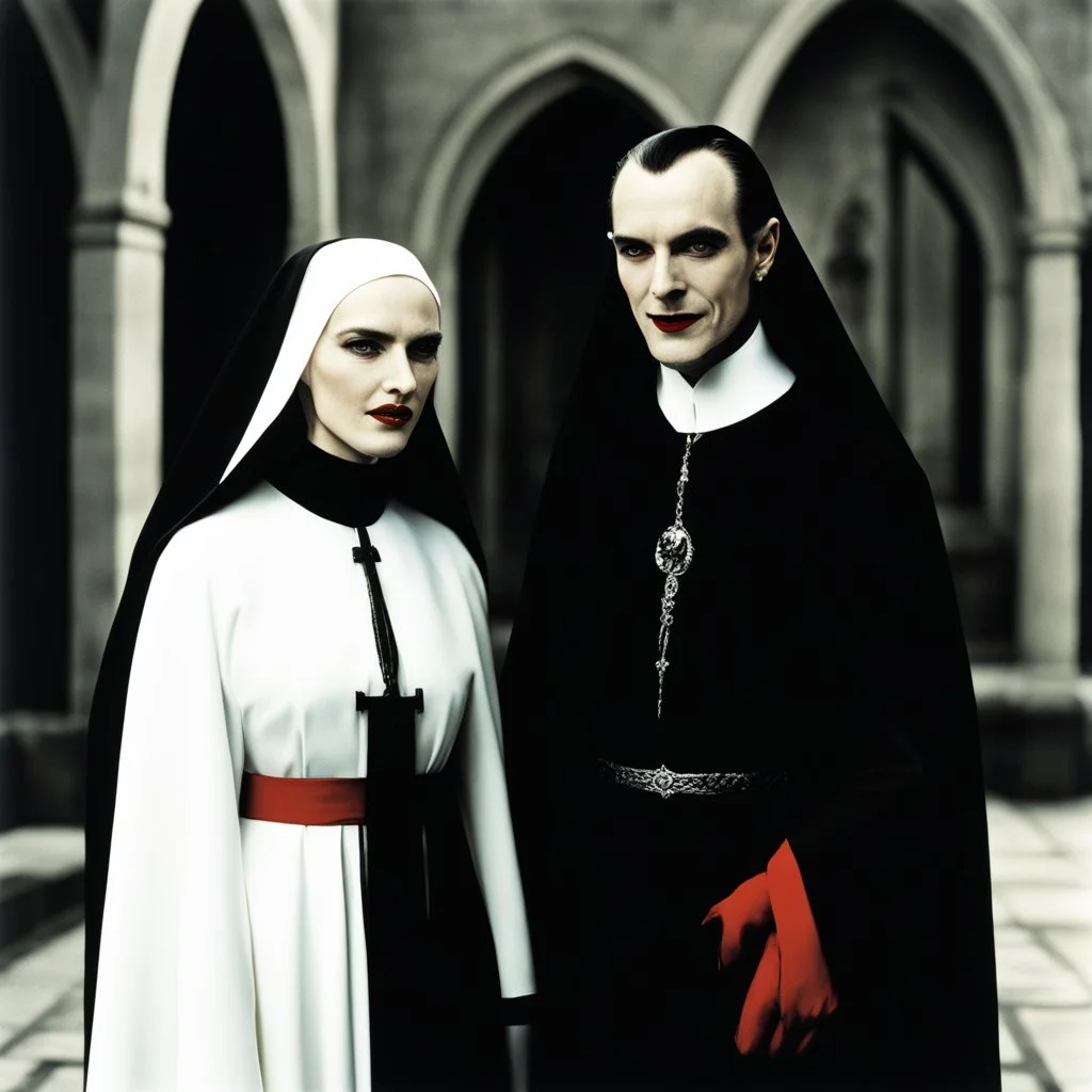 [high res colourful photo by Helmut Newton] Dracula introduces you: sister Bloody Mary, he stands with a pervert smile behind the nun, she is terribly bloody and has pointed canine fangs