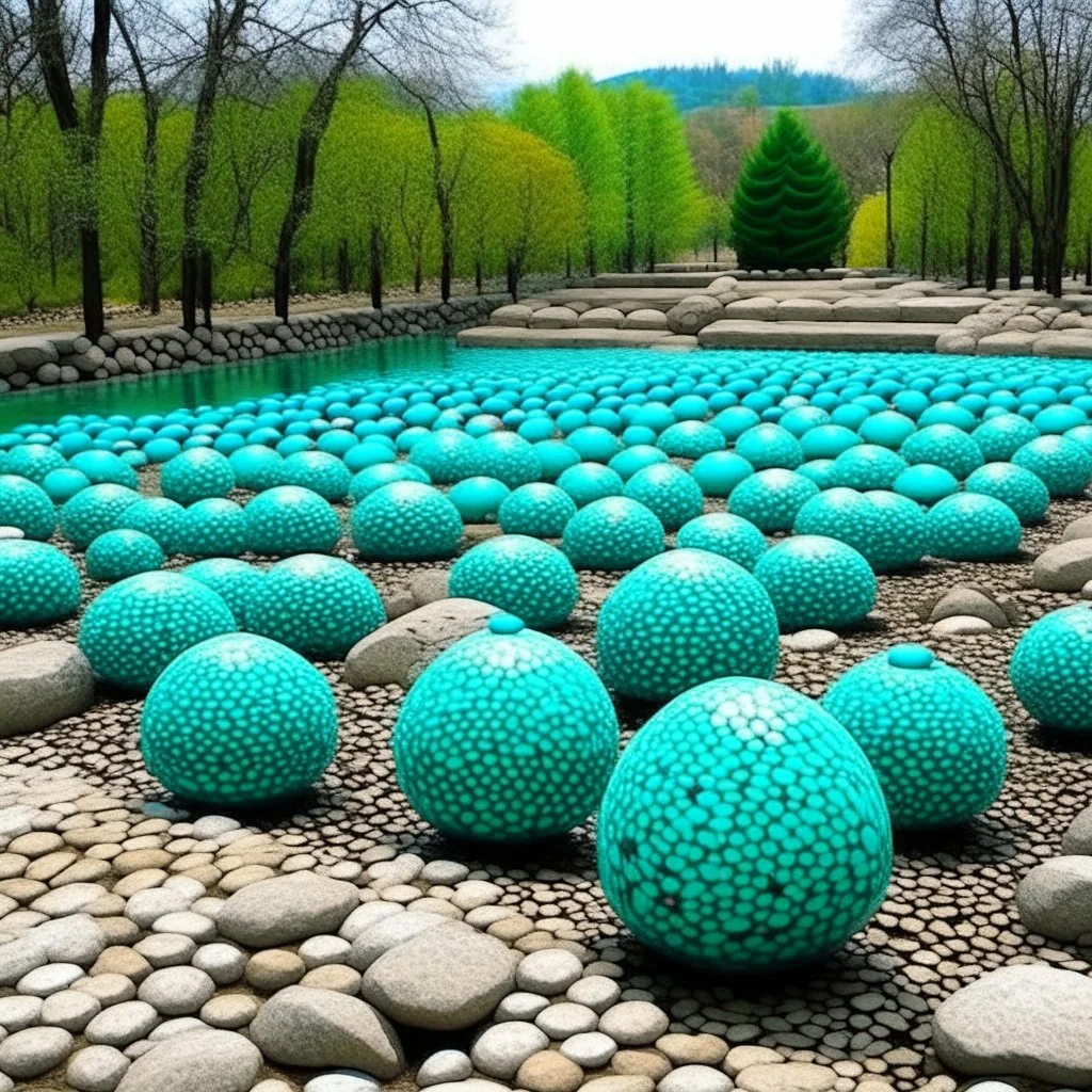 A cyan field with a pebble road designed in Matryoshka dolls painted by Guo Xi