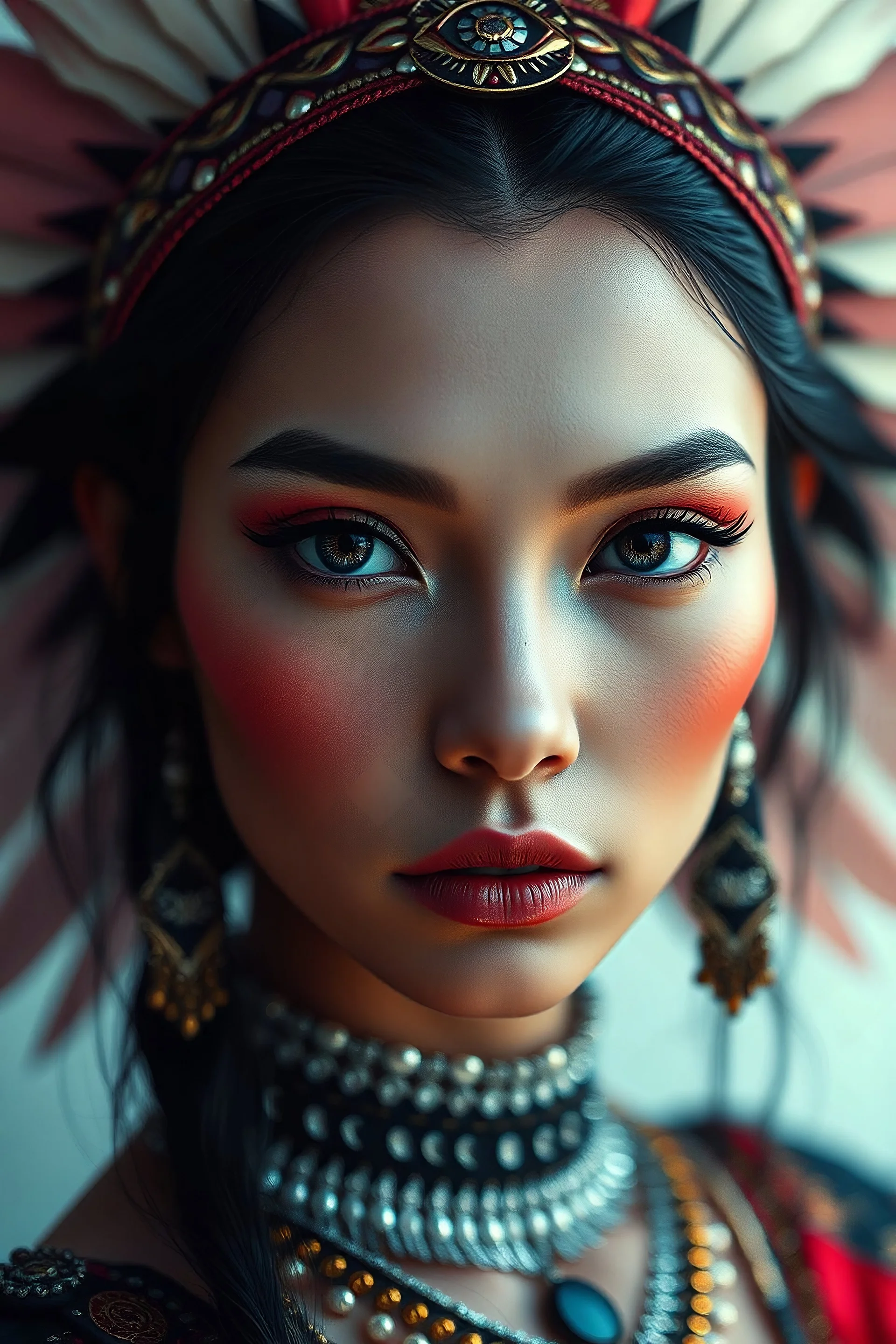 minimalism,Wabi Sabi abstract art,beautiful surreal native beauty artwork,amazingly futuristic fashion extravagant woman portrait,beautiful eyes,super makeup hairstyle,deep rich black otherworldly colors,magic fantasy,detailed intricate insanely octane render trending on artstation,8k artistic photography,concept art,cinematic perfect light,chiaroscuro,award-winning photograph,masterpiece,raphael,greg rutkowski,beeple,beksinski,deep rich colors,magic lighting