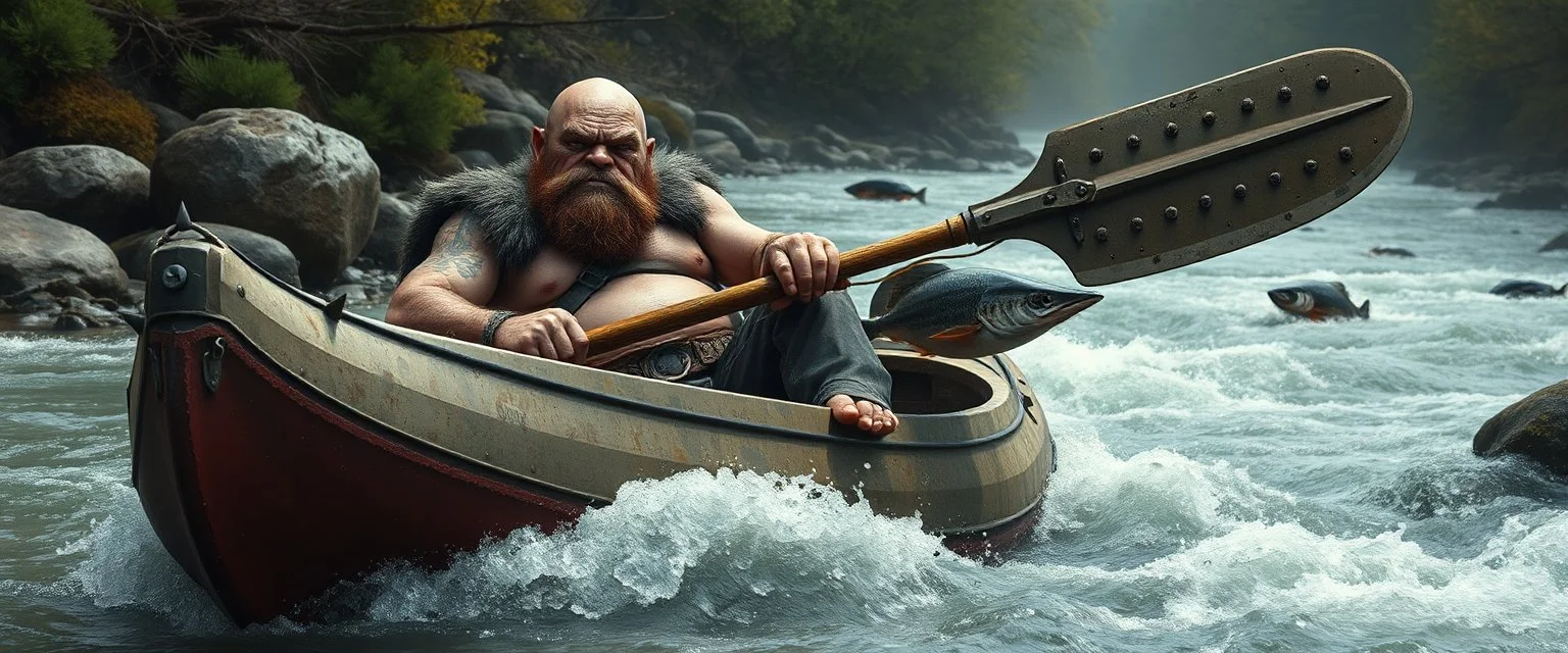 ancient bald fat ogre troll machete sitting relaxed in huge massive kayak in rapid stream, smacking fish with big metal oar with spikes