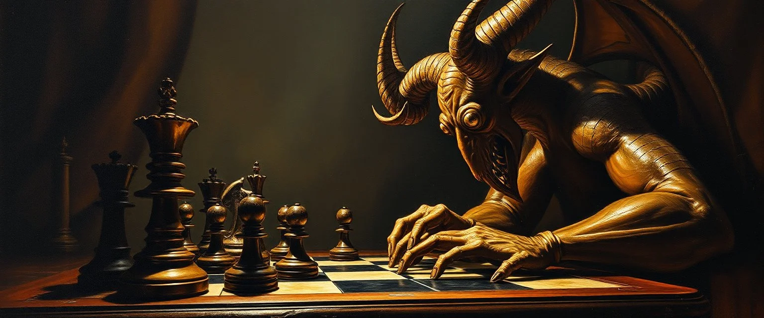 pin hole cam, master oil painting by Rembrandt, realistic rendering chess demon a sense of depth