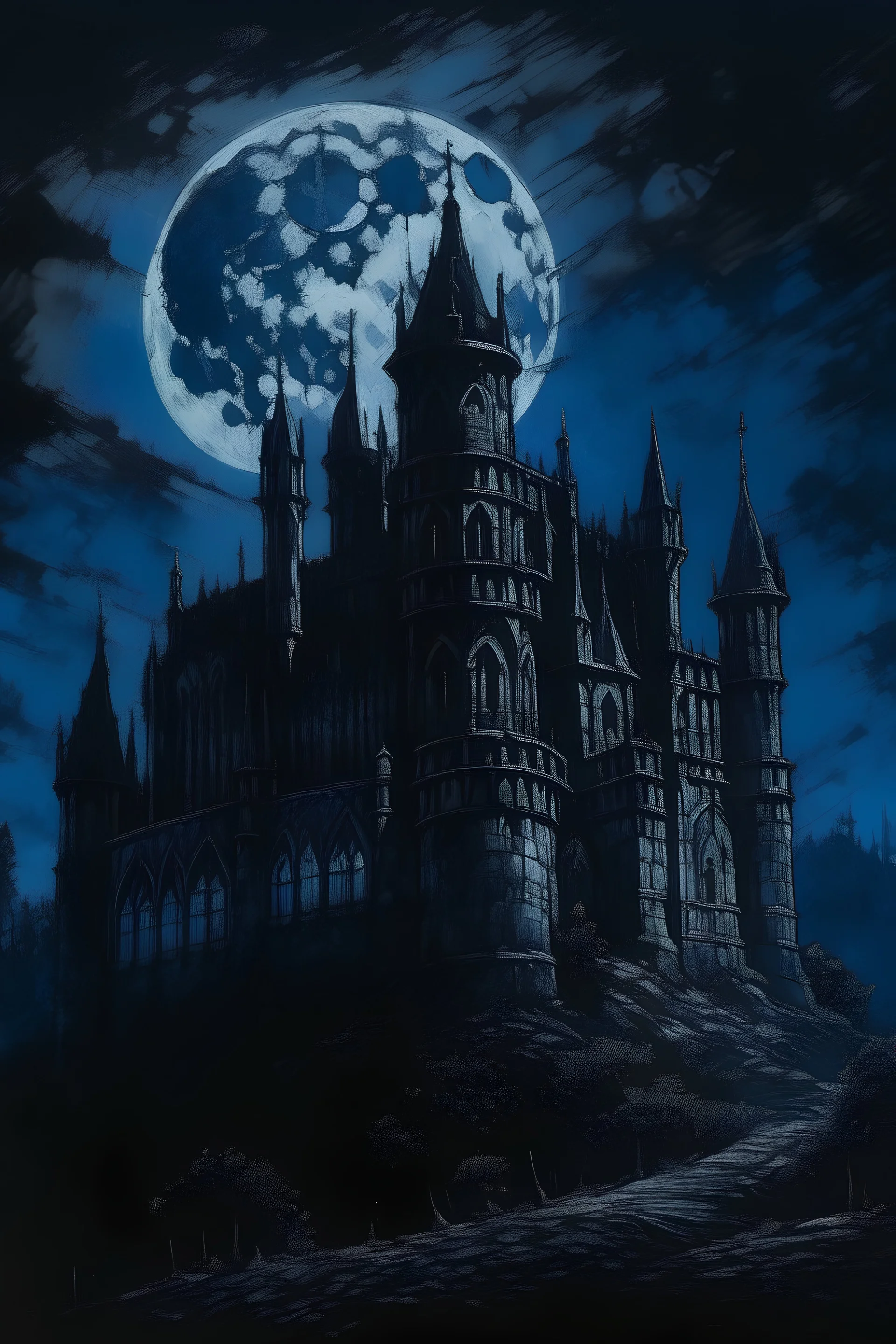 Gothic painting of an ancient castle at night, with a full moon, gargoyles, and shadows