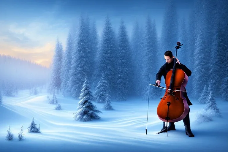 cello player in winter landscape