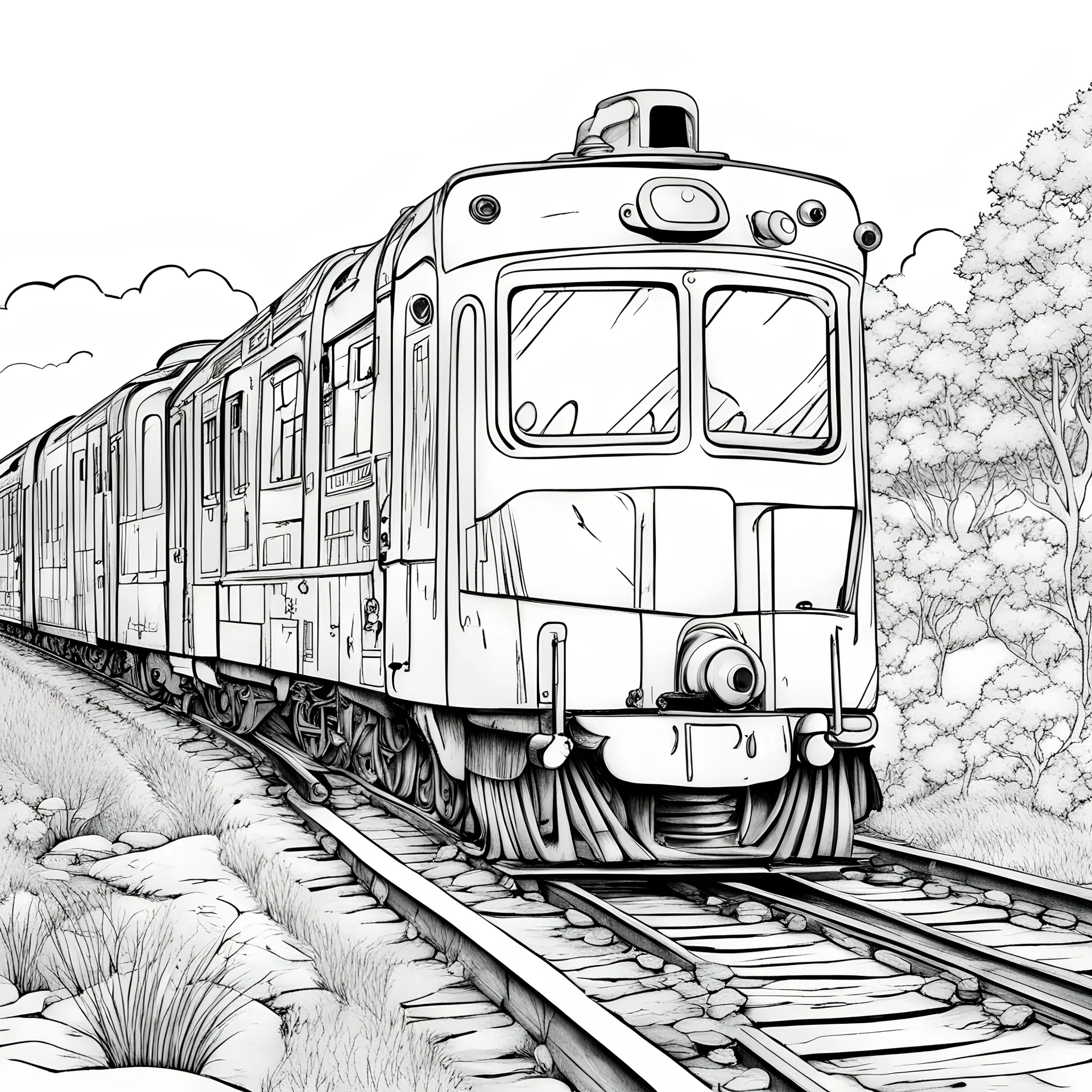 Coloring page, white background, train