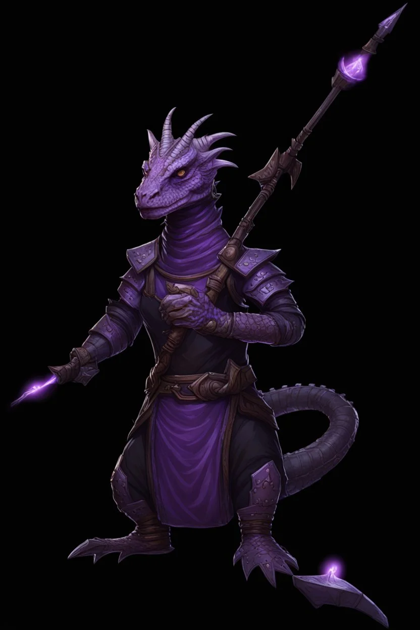 a black and purple, female argonian artificer who uses Tesla coils as weapons, skinny, lightly armored