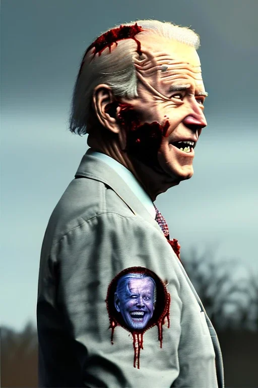 realistic image, joe biden zombie, arm cut and bleeding, night, walking with a limp, waist up view, dark ambient, highly detailed, sky background, concept art, unreal engine 5, god rays, ray tracing, RTX, lumen lighting, ultra detail, volumetric lighting, 3d, finely drawn, high definition, high resolution.