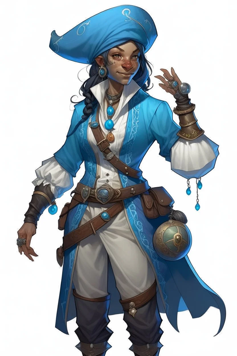 young female dnd air genasi pirate cleric with blue skin