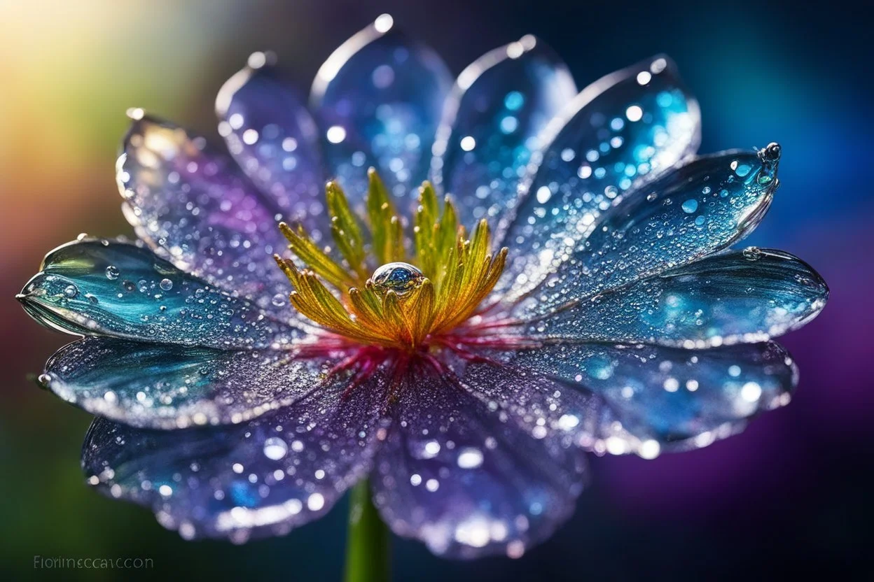 spring dew, macro photo, sparkling magical fantasy, glass flower dewdrop, very detailed, amazing quality, etheral, intricate, cinematic light, highly detailed, beautiful, epic, galaxy fantasy colors, stunning