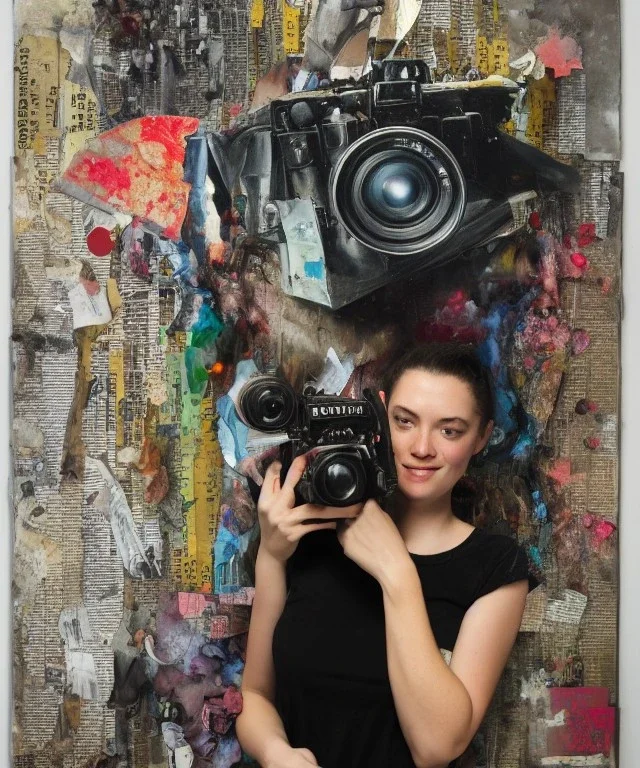 happy beautiful girl holding big proffesional camera in studio. street art, oil on canvas, spray paint, collage, letters, newspapeers, Dave McKean, Vladimir Fedotko, Saturno Butto, Vaughn Bodé, Frank Wu, James C. Christensen, collage, dirty, paint dripping, radiant