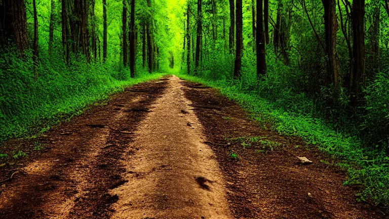 abandoned dirt road through a forest