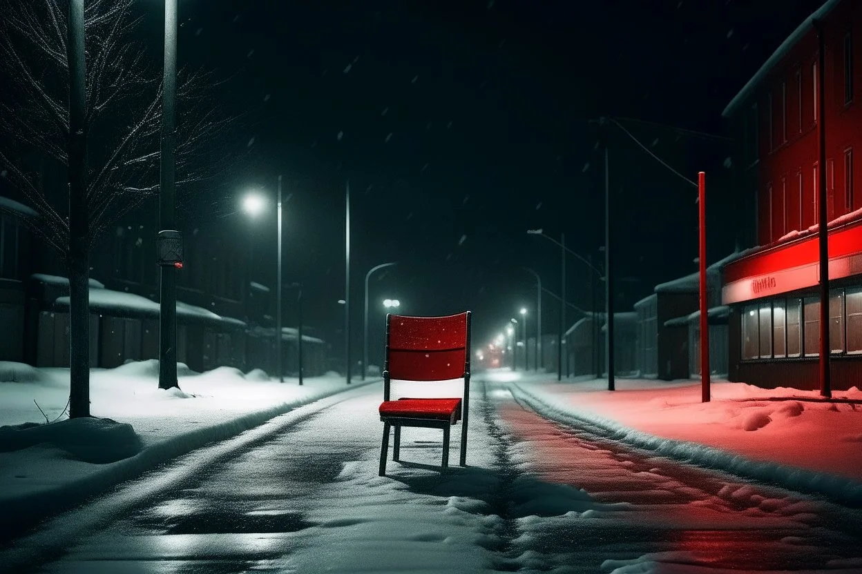 En mitad de la noche polar, mientras la nieve arrecia, en mitad de la carretera ha una silla con el asiento de color rojo, al fondo se ven las luces de una pequeña ciudad entre la nieve que cae. Fotografía realizada con una cámara Leica. Fotografía real. Estilo True Detective Noche Polar