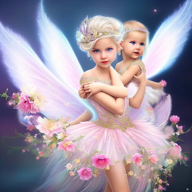 fantasy baby fairy with luminous wings, smiling, make up, long platinum blond hair with crown and flowers, pink dress