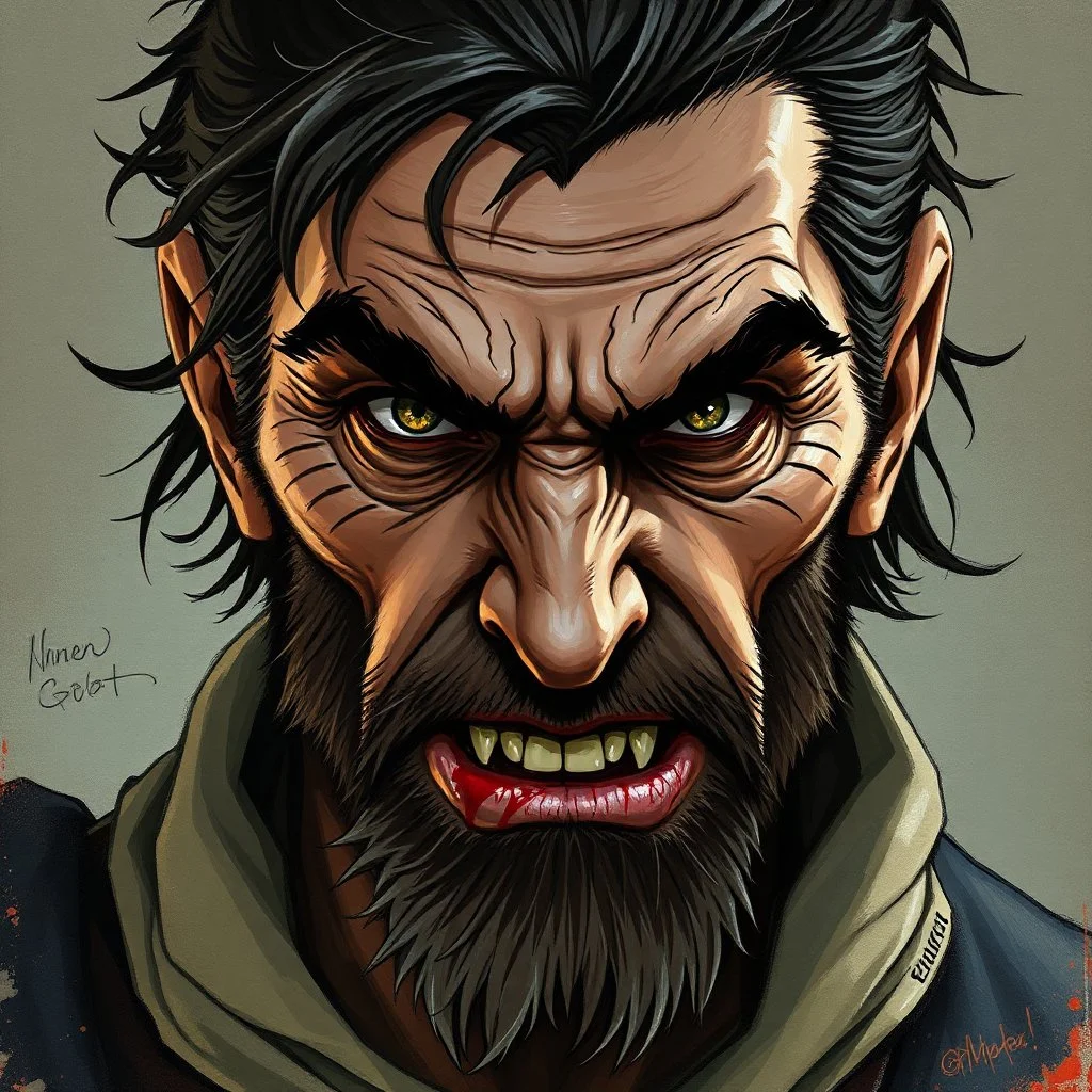 dnd, fantasy, handpainted, renaissance, stylistic, portrait, illustration, artistic, professional illlustration, male, face, weathered face, sly, violent, evil, vigorous, rogue, criminal
