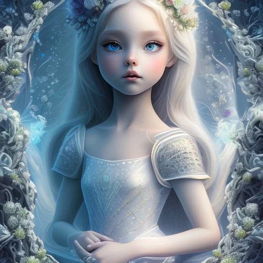 disney toddler, epic white queen, crystal clear ice, majestic, ominous, wildflowers background, intricate, masterpiece, expert, insanely detailed, 4k resolution, retroanime style, cute big circular reflective eyes, cinematic smooth, intricate detail , soft smooth lighting, soft pastel colors, painted Rena