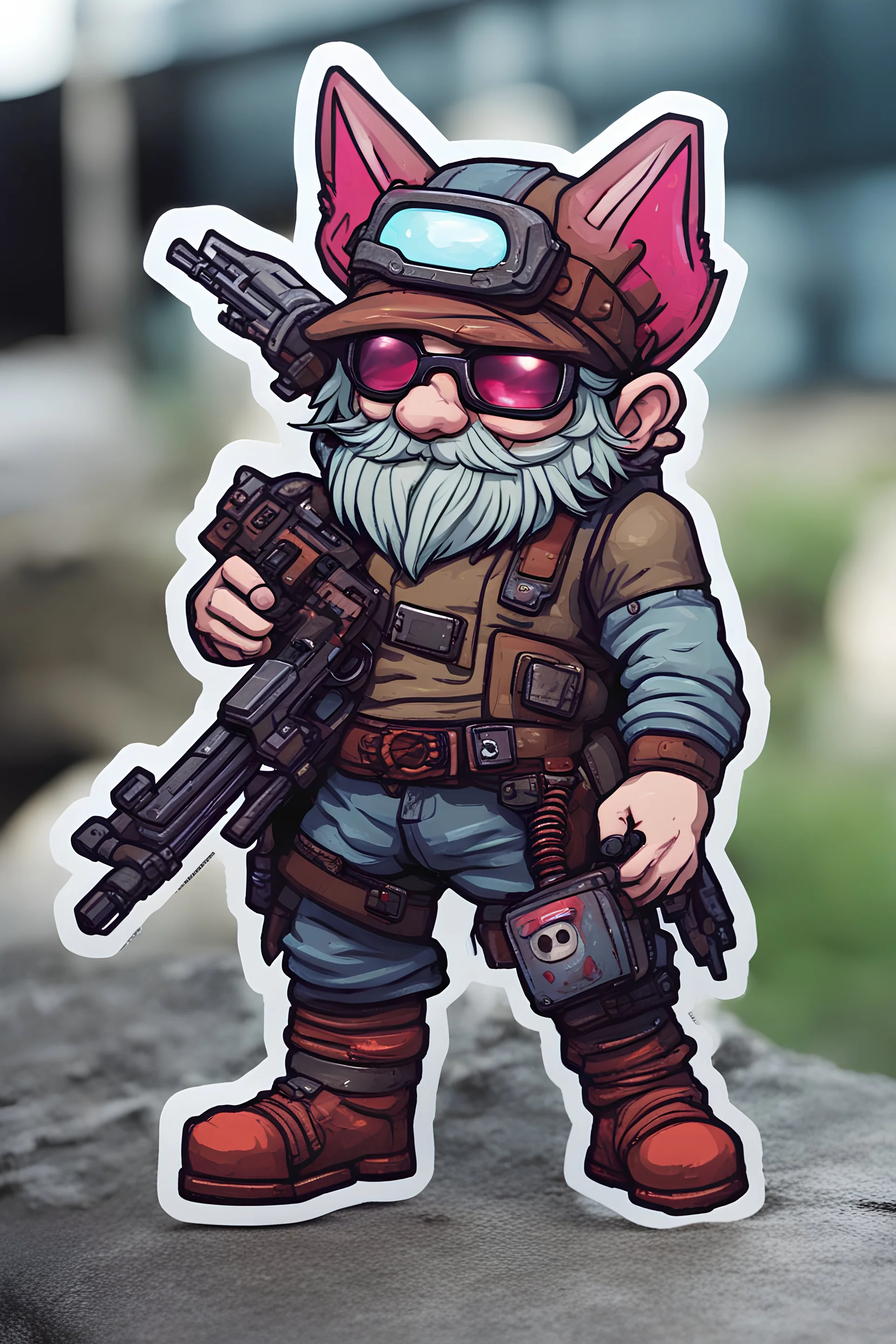 video game character, cyberpunk gnome, with a gattling gun, make it as a sticker