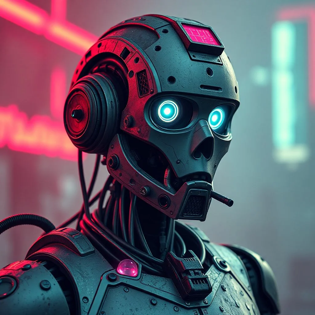 a robot from a dystopian future, cyberpunk aesthetic, worn with age, neon