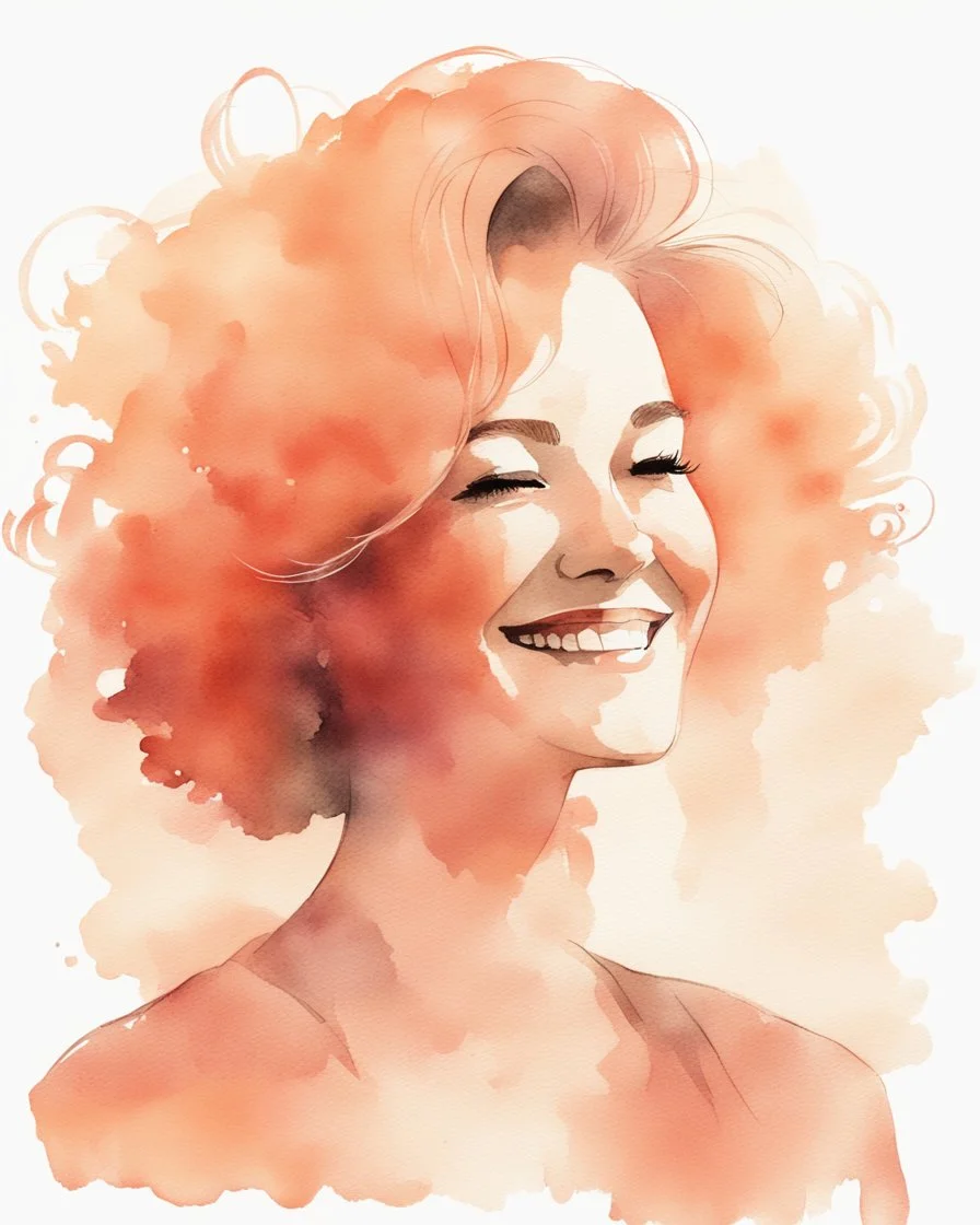 grown-up woman smiling silhouette and hair light peach colors watercolor draw