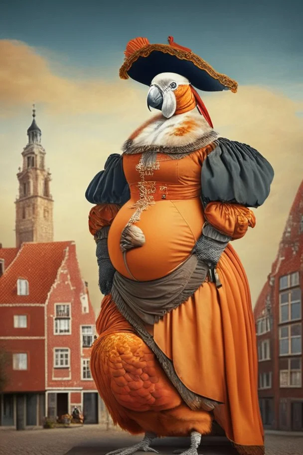 Pregnant Half parrot half human in a old 1700s orange Dutch uniform in front of a Dutch city