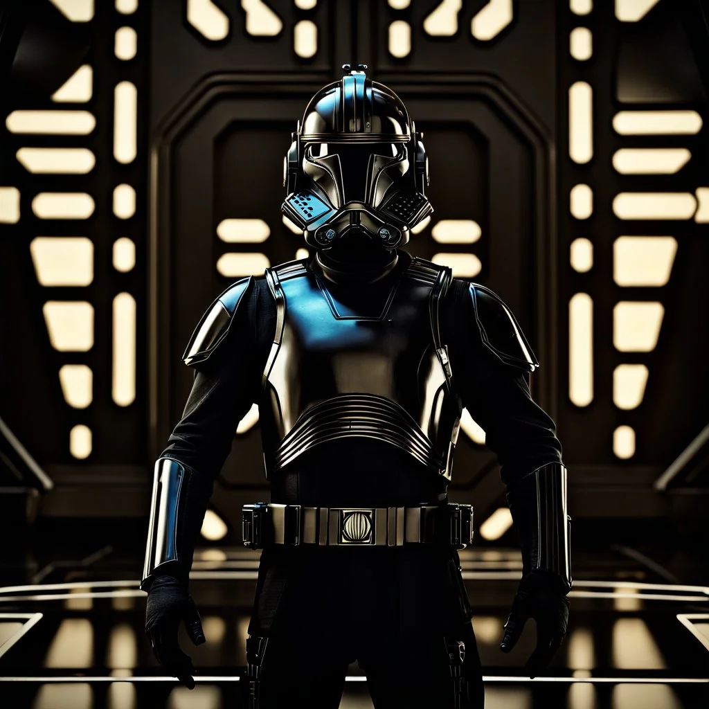 star wars bald male corellian pilot wearing gunmetal grey and black first order armored TIE pilot flightsuit and helmet with gold trim inside the jedi temple, centered head and shoulders portrait, hyperdetailed, dynamic lighting, hyperdetailed background, 8k resolution, volumetric lighting, light skin, fully symmetric details