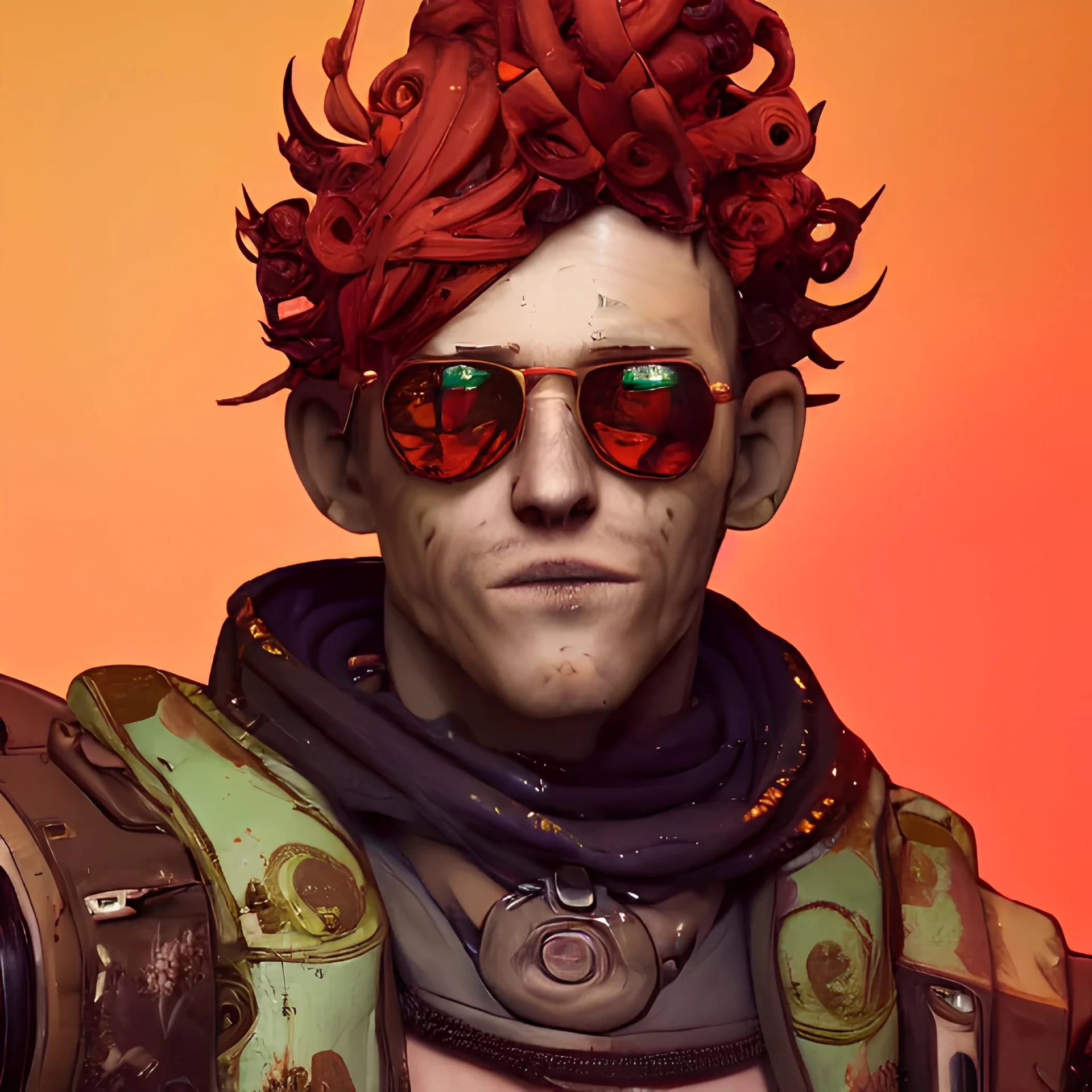 lunarpunk portrait of curly orange hair man from borderlands 3, au naturel, hyper detailed, digital art, trending in artstation, cinematic lighting, studio quality, smooth render, unreal engine 5 rendered, octane rendered, art style by klimt and nixeu and ian sprigger and wlop and krenz cushart