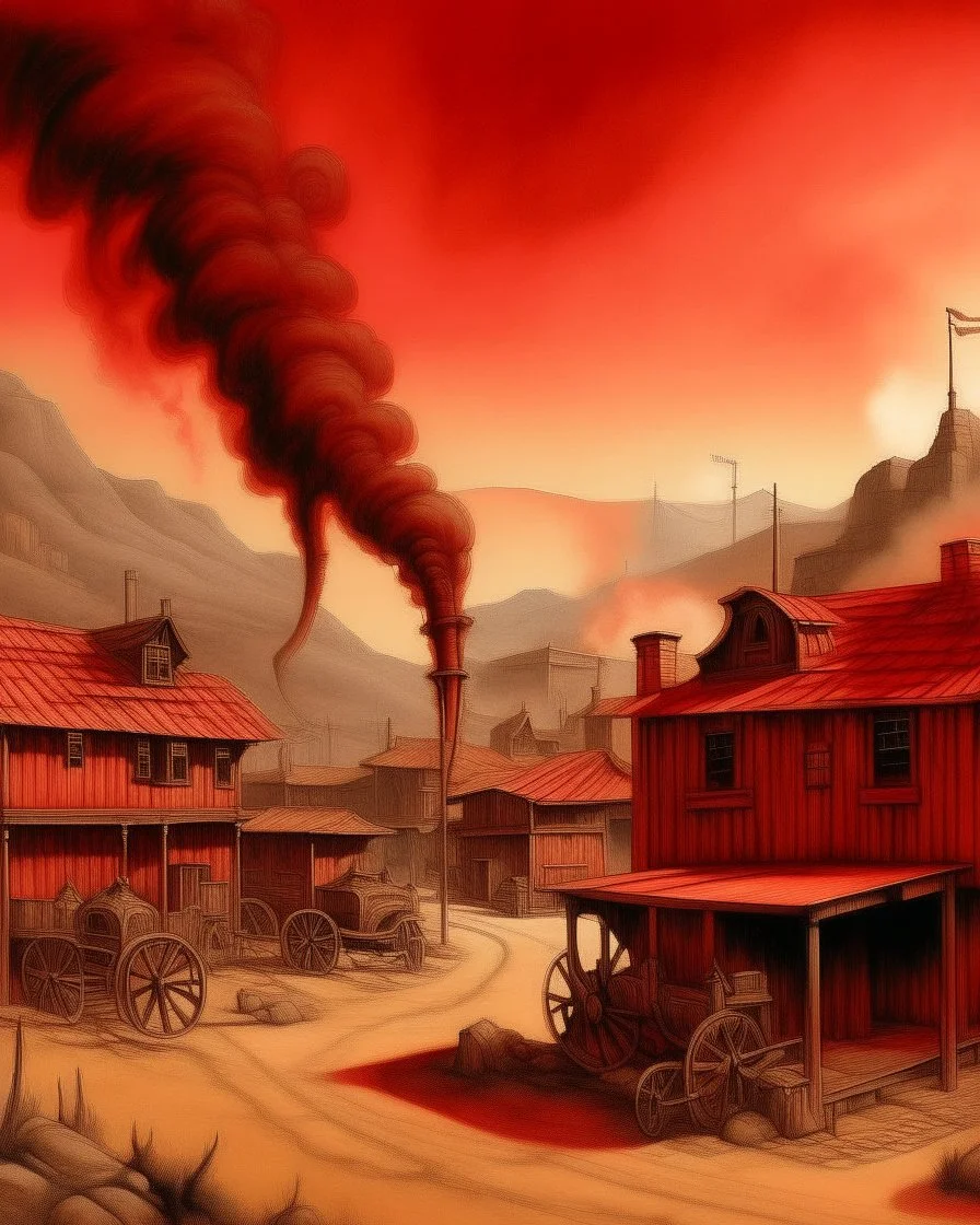 A red smoking western town with iron horseshoe painted by Leonardo da Vinci