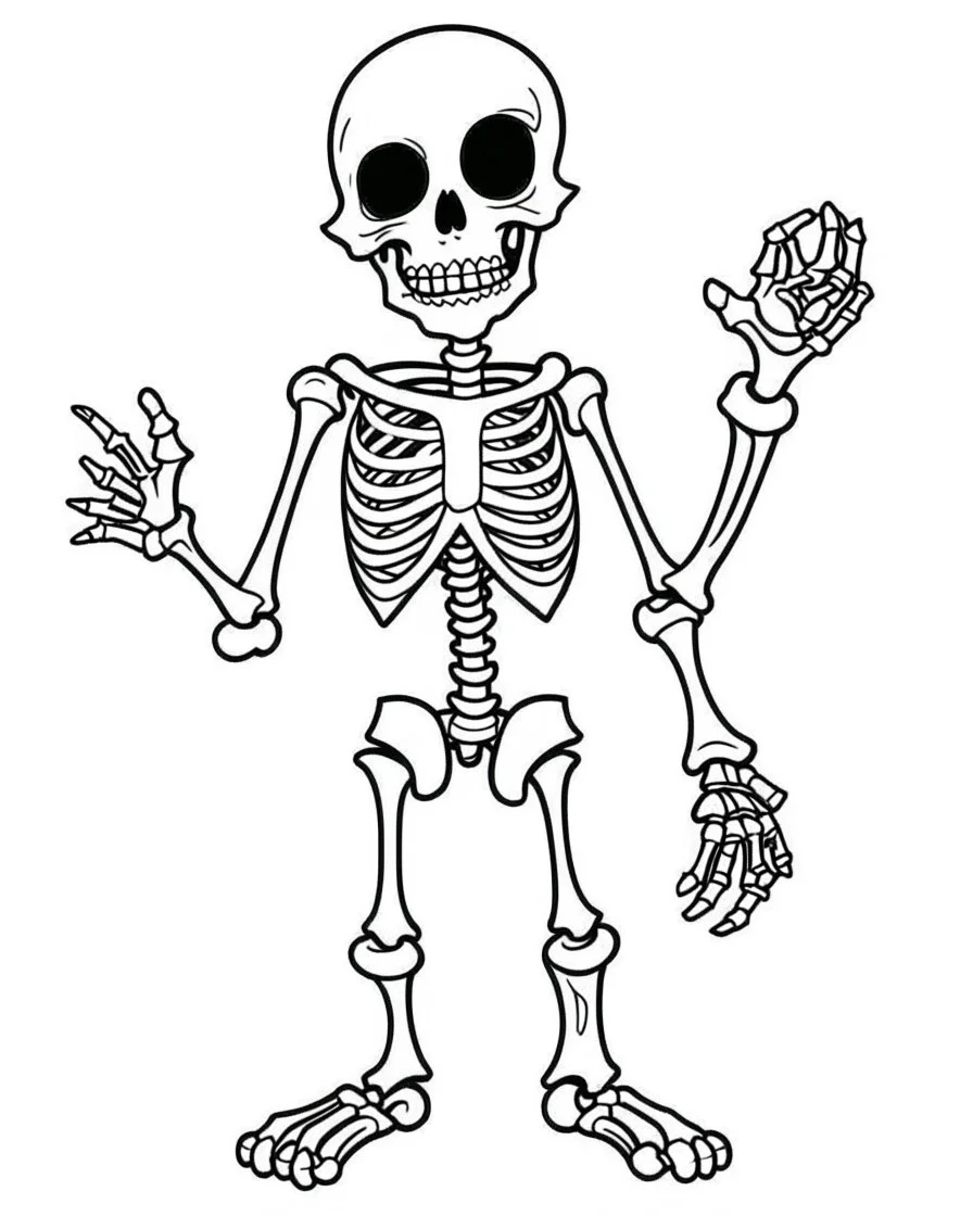 outline art for halloween coloring pages for kids with cartoon cute happy skeleton , white background, Sketch style, full body, only use outline, clean line art, white background, no shadows and clear and well outlined, coloring page for kids, kawaii style