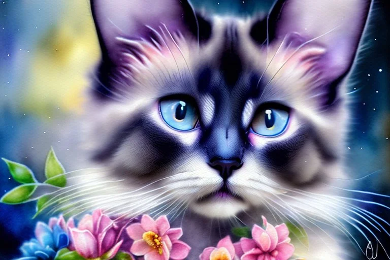 kitten sits in front of the window, realistic eyes, flowers, vintage, watercolor Modifiers: beautiful cinematic postprocessing watercolor black ink wet on wet watercolor wet on wet Charles Wells Schaller Siamese cat Blue eyes only