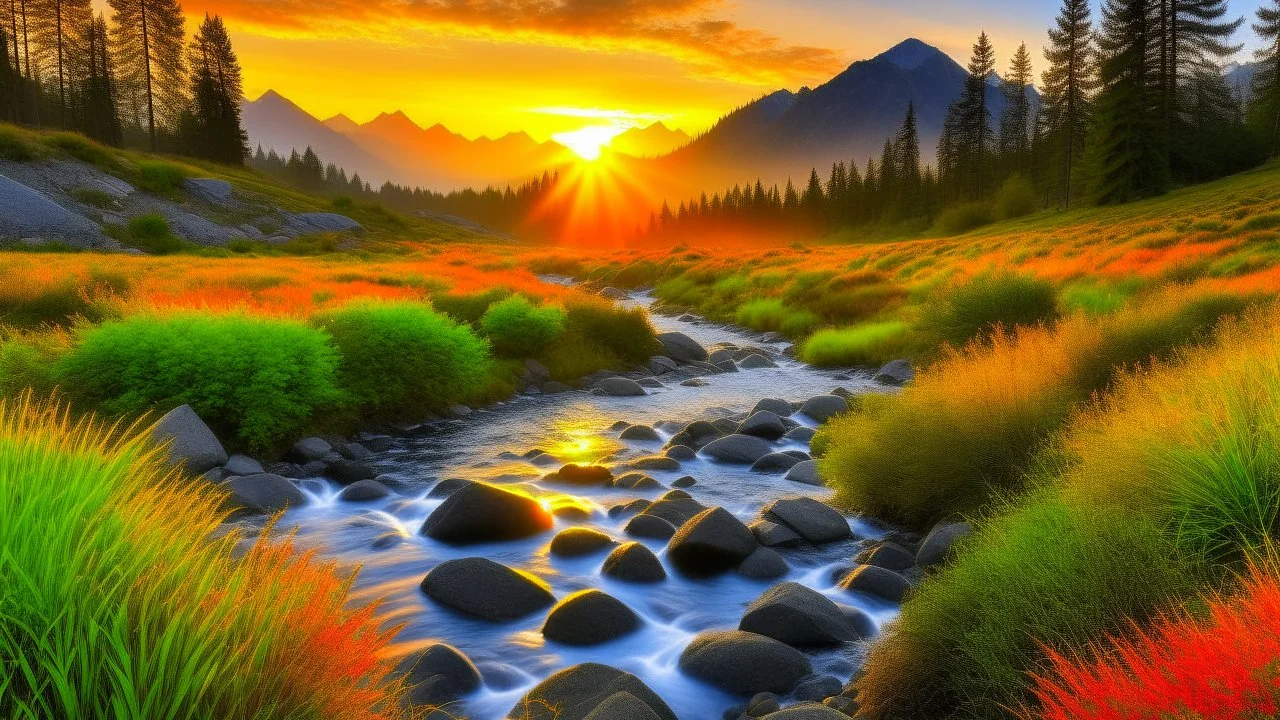 A view of breathtaking nature, at sunrise with a mountain stream and mountains in the background.