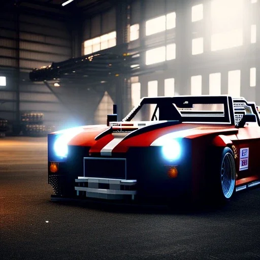 volumetric warehouse environment with car built with legos, bumper, headlights, fullscreen