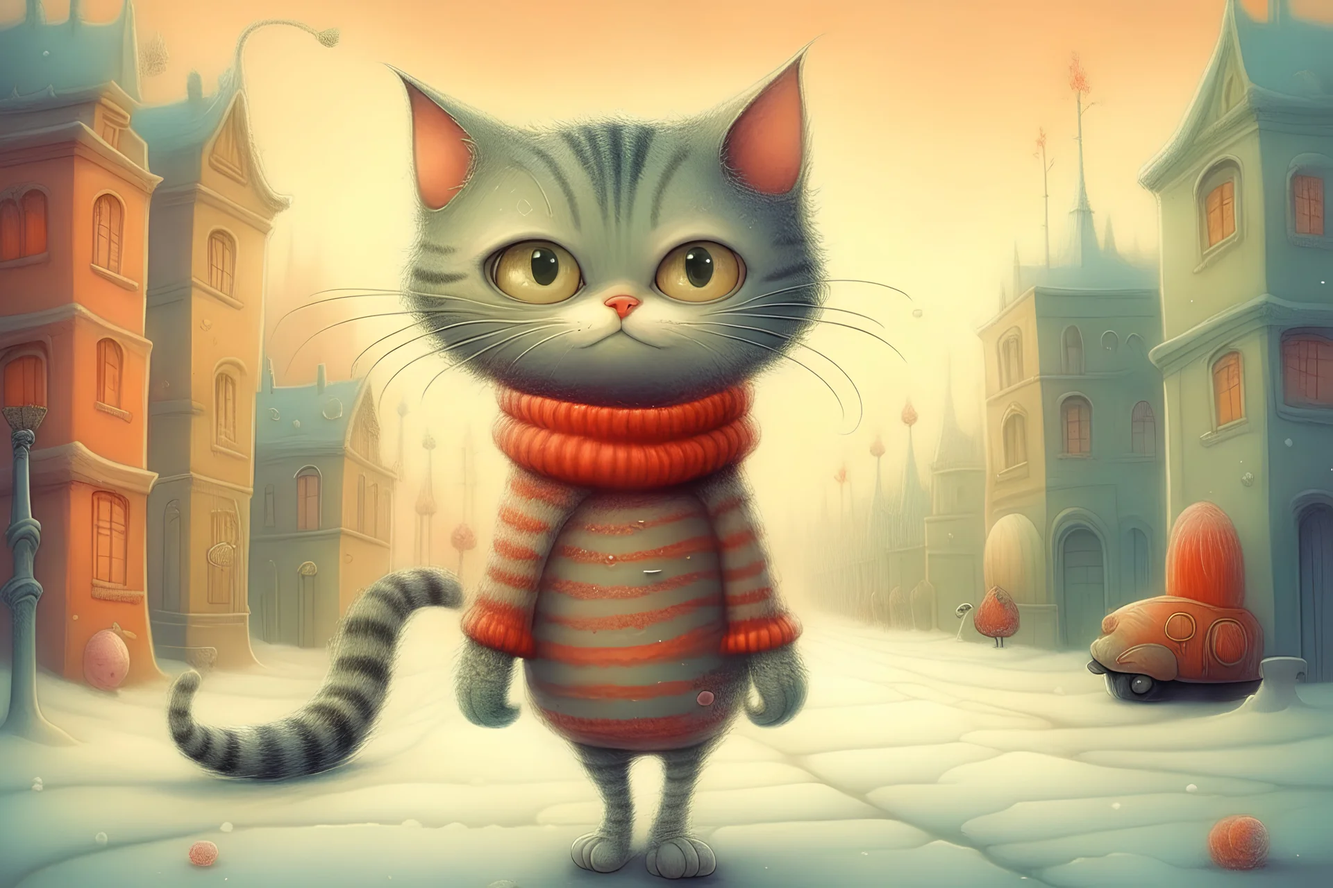 a cute cat is walking down the street, fluffy, weighty, big head, expressive eyes, smiling, cartoon, new year, warm colors, fantasy, warm knitted suit, morning, winter, H.R.Giger, Catherine Welz Stein, Dmitry Vishnevsky