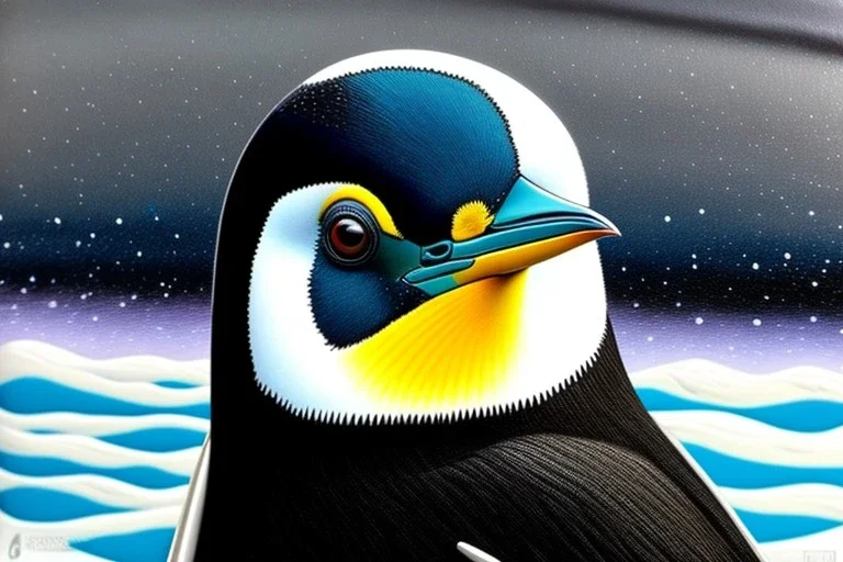 One single mature penguin, friendly, riding on a bike, perfect iris, perfect eyes, model style, hyper realistic, extremely accurate, delicate, extremely detailed, Graphic novel style, colours, wide-angle, open aperture, superfine pencil