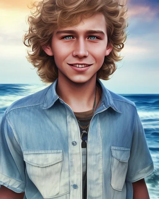 full length photograph of a beautiful 12 year old boy with long, blonde curly hair and light blue eyes, smiling, in front of a beach in sunset, highly detailed, smooth, photorealistic, digital art, HDR