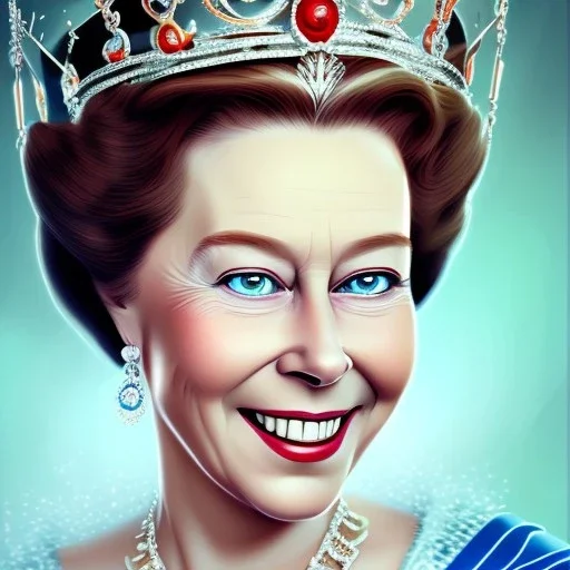 Disney Portrait of a queen elisabeth, dark hair, sharp dark eyes, bright blue lighting, sarcastic smile, sharp focus hair.