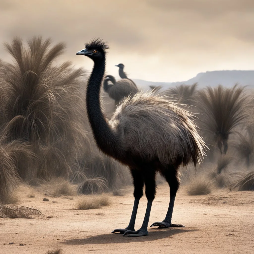 [high res photo by Ray Harryhausen] amidst the chaos of the Great Emu War, a lone emu stands out among the rest. This emu, towering and majestic, wears a helmet from World War II perched upon its feathery head. The helmet, dented and weathered, adds an air of defiance to the emu's already intimidating presence.
