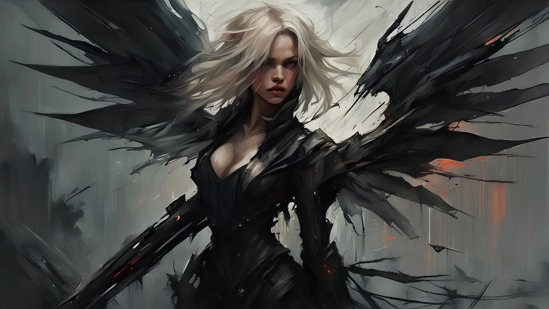 biomechanical women, beautiful, cyberpunk, dusty blonde, short square, large biomechanical black wings, sword, cybernetic, dynamic pose, rain, wind, ashes, flashes of fiery threads, sketch art, fine lines, grunge, sensual, darkness, dark colors, by Raymond Swanland & Alyssa Monks & Anna Razumovskaya