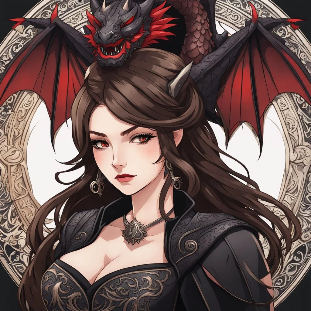 Icon or avatar. An arrogant looking young woman with pale skin and long brown hair in a fantasy setting with intricate details. She is smirking, wearing black and read leather, has red eyes, an air of malevolent power surrounds her. There is a dragon flying in the background. Anime style. High definition.