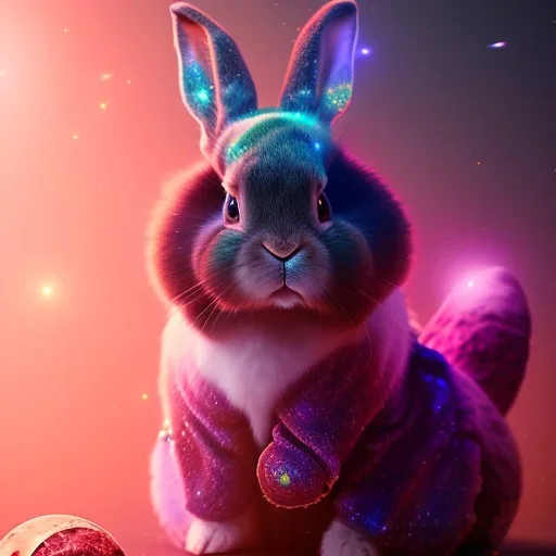 galaxies, spirals, space, nebulae, stars, smoke, iridescent, intricate detail, in the shape of a rabbit, fur wearing color crystals, octane render, 8k, --q 2 --ar 2:3 --uplight