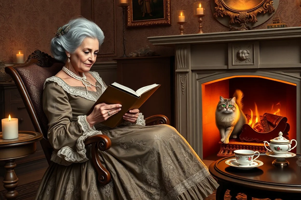 create an elegant old English parlor scene, noble elderly woman in richly detailed 1800s gown, seated by a roaring fireplace in a rocking chair, reading as a fluffy Persian cat with glowing green eyes rests on her lap, candlelight flickering, antique wallpaper, teacup and porcelain tray nearby --ar 3:2 --v 7 --style raw