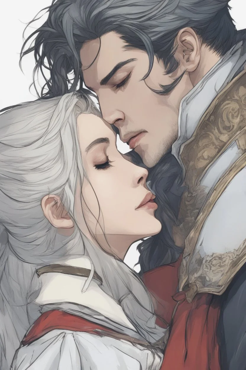 A couple from the dnd game curse of Strahd kissing. She has white hair he has long black hair. Romantic, sweet, loving, possessive, protective, kiss