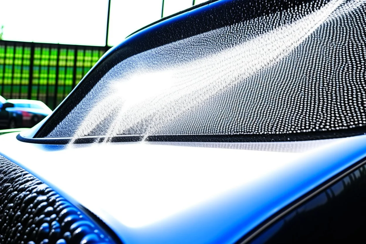 create an Image of washing front glass of the car, drops of water, foam all over, View must be from inside